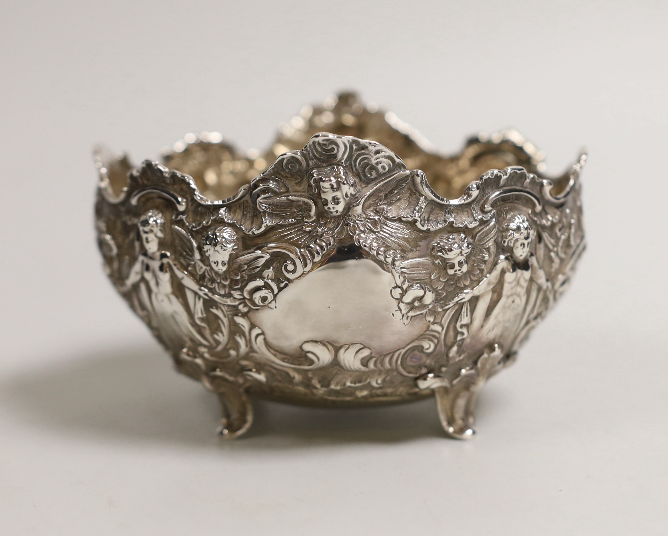 An early 20th century German embossed silver small oval bowl, import marks for Berthold Muller, London, 1903, length 12cm, 7.1oz.